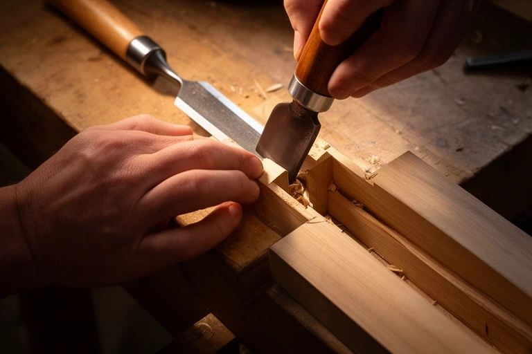 Mortise and tenon joint being cut